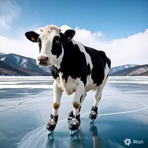 A black and white Holstein cow wearing ice skates stands on a frozen lake with mountains in the background.