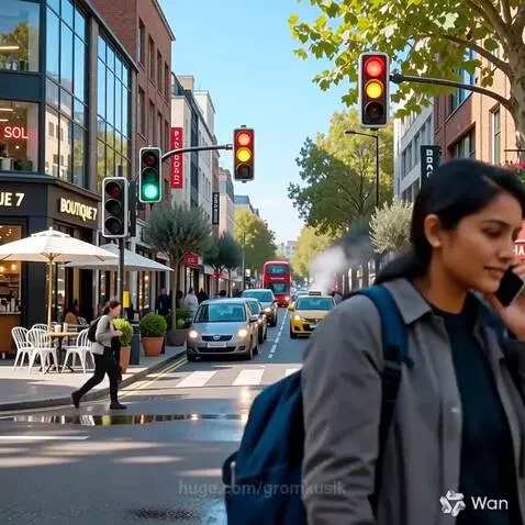 Sunny city street with pedestrians, cars, a double-decker bus, shops, cafes, and pigeons on the sidewalk.