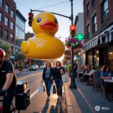 Giant yellow rubber duck floating above a busy city street with cars, cyclists, and a cafe.