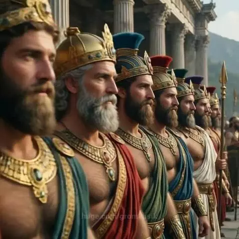 Line of ancient kings or warriors with beards, ornate crowns, gold jewelry, and spears, standing in front of large columns.