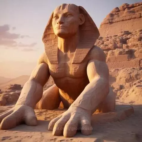 Ancient stone sphinx statue in a desert at sunset, with detailed carvings and a vast landscape.