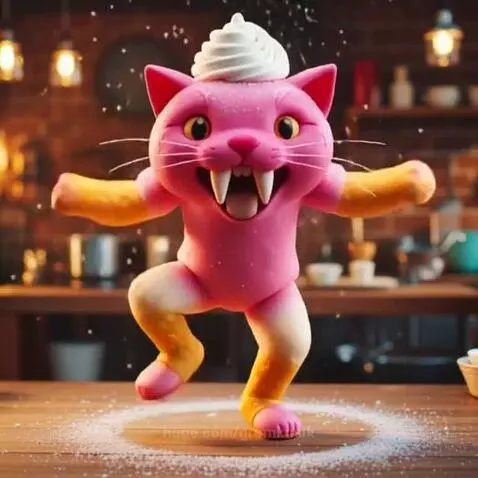 Cartoonish pink cat pancake with yellow limbs and a whipped cream hat dances on a kitchen counter.