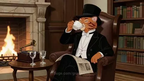 Animated ginger cat in tuxedo and top hat sitting in armchair, reading newspaper and sipping tea by a fireplace.