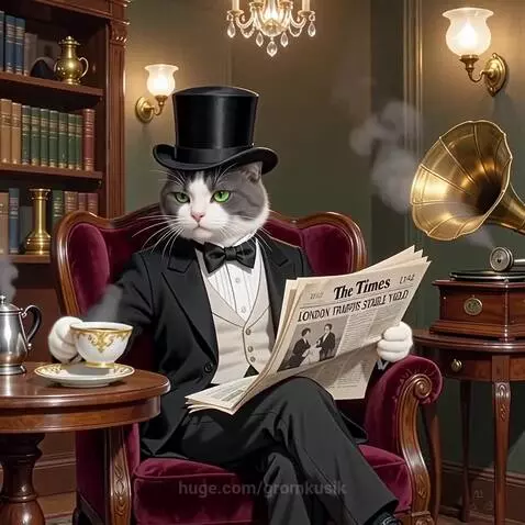 A dapper cat wearing a top hat and suit sits in a red armchair, reading a newspaper and holding a teacup.
