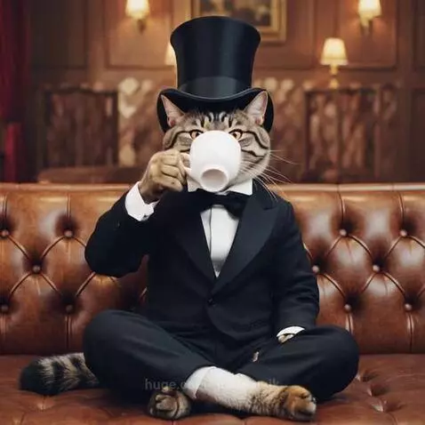 A tabby cat wearing a tuxedo and top hat sits on a leather couch, holding a teacup and reading a newspaper.