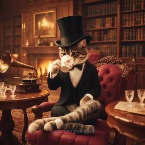 A distinguished cat wearing a top hat and tuxedo sips tea in a library by a fireplace.