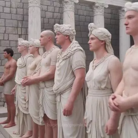 Men dressed as ancient Greek gods and statues posing against stone walls and columns.