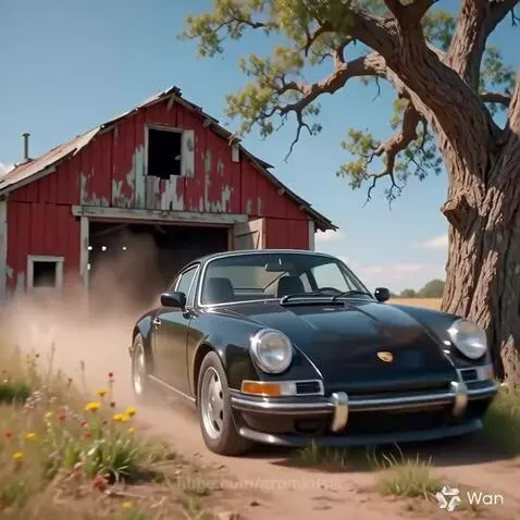 Vintage black Porsche driving out of a red barn, scattering white chickens, with a tractor nearby.
