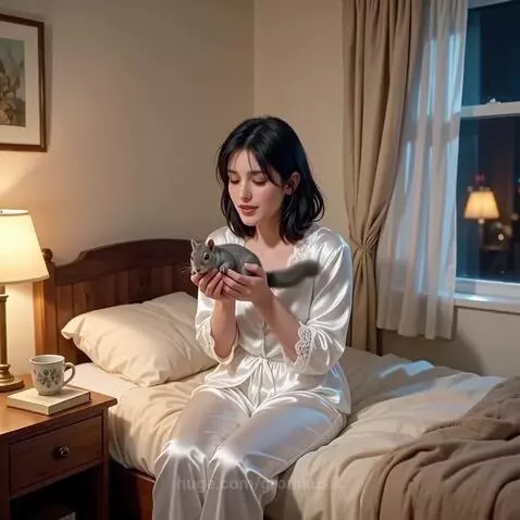 Woman in white pajamas gently holding a small grey squirrel on a bed in a warmly lit bedroom at night.