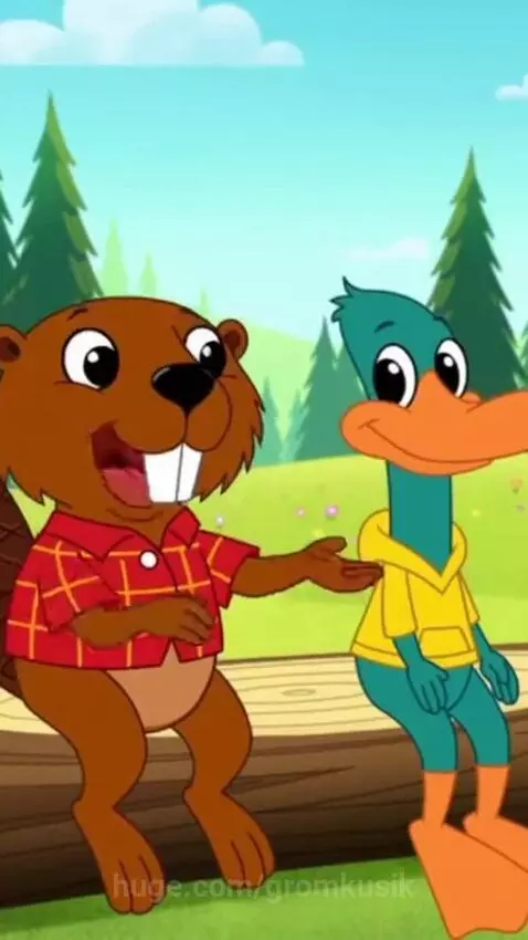 Animated brown beaver in red plaid shirt and teal platypus in yellow hoodie sit on a log telling a joke in a sunny forest.