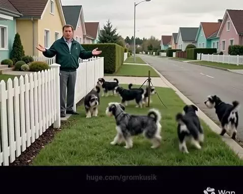 Man in green jacket watching a group of black and white Schnauzer-like dogs play on a green lawn near a white picket fence.