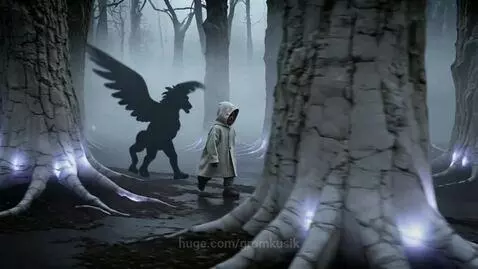 Child in a hooded coat walking through a dense, foggy forest with glowing purple roots and a winged lion shadow.