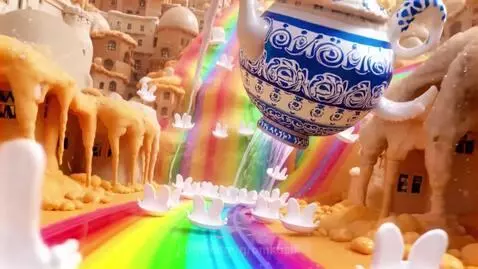 Ornate teapot pouring a rainbow river over a colorful, melting city with ear-shaped objects floating.