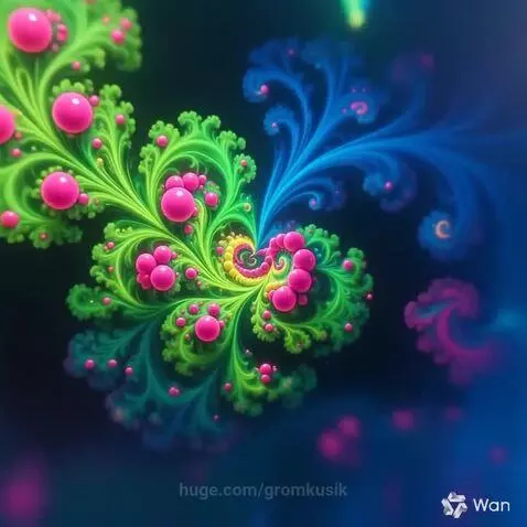 A continuously morphing fractal pattern with vibrant pink, yellow, green, and blue colors swirling from the center.