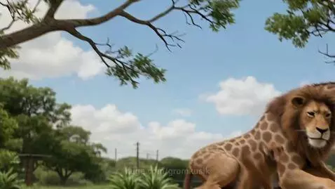 Binocular view of a monkey, a lion with giraffe spots, and a panda falling from a tree.