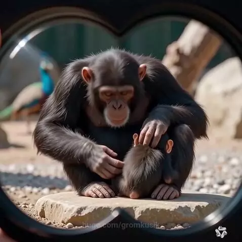 Chimpanzee grooming baby, peacock displaying feathers, and meerkats near burrow at a zoo.
