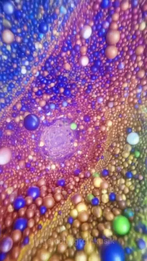 Abstract tunnel made of countless colorful beads of varying sizes, with light reflections and lens flares.