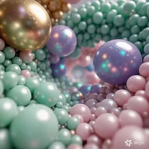 Abstract animation of pastel pink, blue, mint green, and gold spherical beads swirling hypnotically.