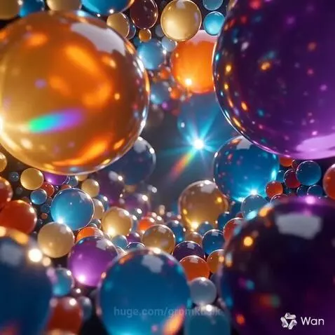 Abstract animation of numerous shiny, colorful spheres in blue, purple, orange, and gold, glowing and floating.