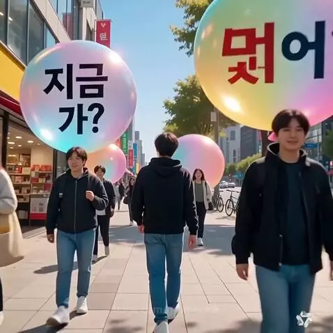 Young adults walking on a sunny Seoul street with large, colorful balloons featuring Korean text.