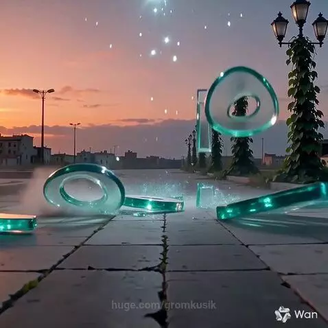 Glowing teal glass letters falling and shattering on a cracked road at sunset with streetlights.