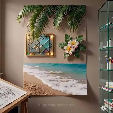 Dynamic transformation revealing a vibrant beach scene with turquoise waves, a stained-glass mirror, and plumeria flowers.