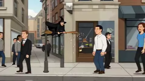 A witch on a broomstick flies over a city street, dropping magic that transforms people into stylish wizards and fashionistas.