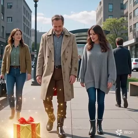 A wizard flying over a city street, dropping golden gift boxes that magically change people's clothes into fashionable outfits.