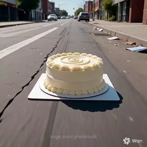 A white cake on a cracked road is hit by a red brick, splattering frosting everywhere.