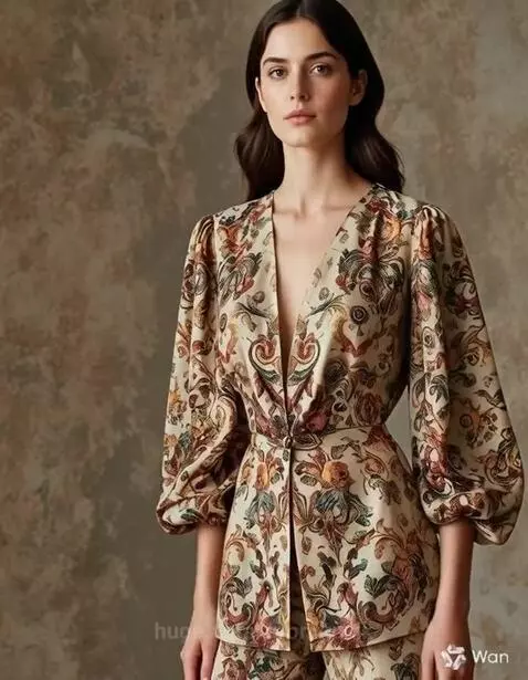 Model with dark wavy hair wearing a floral paisley V-neck blouse and matching pants from Fendi.