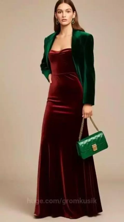 Model wearing a deep red velvet strapless gown and a dark green velvet blazer, holding a green quilted handbag.