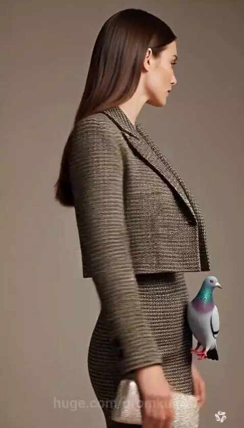 Model wearing a tweed blazer and mini skirt with a pigeon perched on her skirt, holding a sparkly clutch.