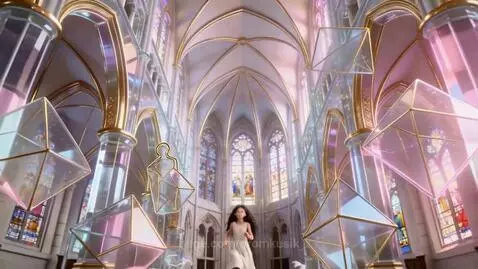 Young girl with curly hair running through a grand church with high arches, golden details, stained glass, and floating geometric shapes.