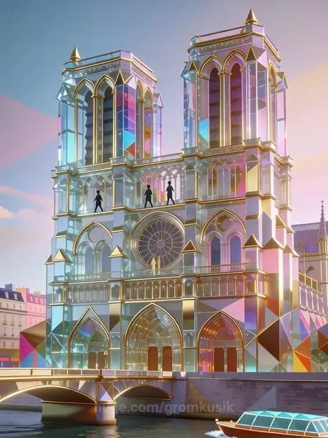 Stylized Notre Dame Cathedral with crystal facets reflecting pink, blue, and gold light, beside water.