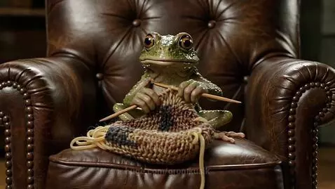 Hyper-realistic frog sitting in a leather armchair, knitting with pasta yarn.