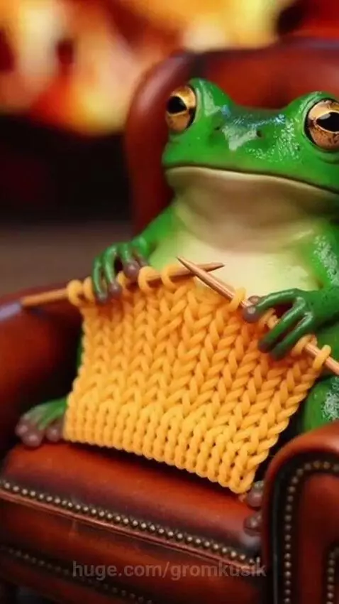Hyper-realistic frog figurine knitting with yellow pasta yarn in a miniature antique armchair.