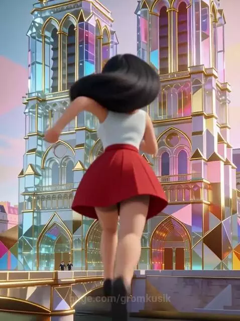 Animated girl with black hair running across a bridge, pursued by small figures, in front of a crystal Notre Dame.