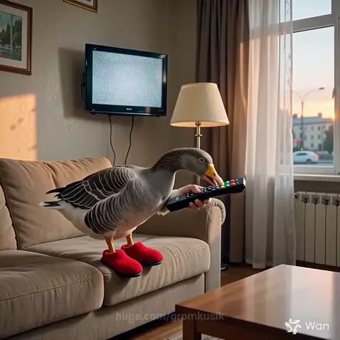 Goose wearing red slippers holding a TV remote, looking frustrated at a static-filled TV screen.