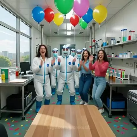 Diverse lab team celebrating with balloons, confetti, and cheering, some removing face masks.