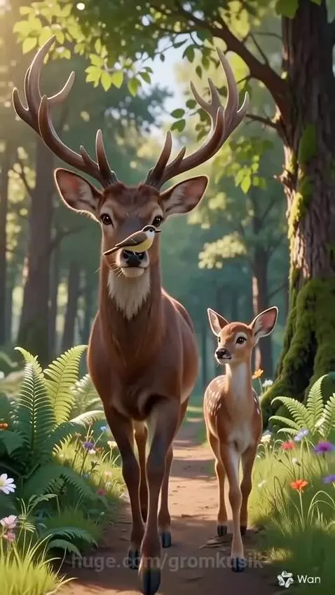 A deer with large antlers and a spotted fawn walk on a forest path, with a small bird on the deer's nose.