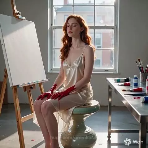 Woman with red hair in a slip dress, hands covered in colorful paint, creating a swirling abstract painting on a canvas.