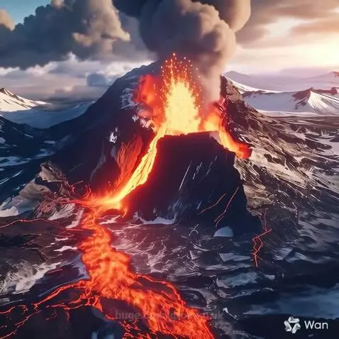 Aerial view of a volcano erupting, with bright orange lava flowing down snowy slopes and a large smoke plume.