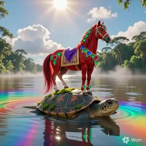 A red horse with jewels on a mossy turtle in water, with jungle foliage and crocodiles.