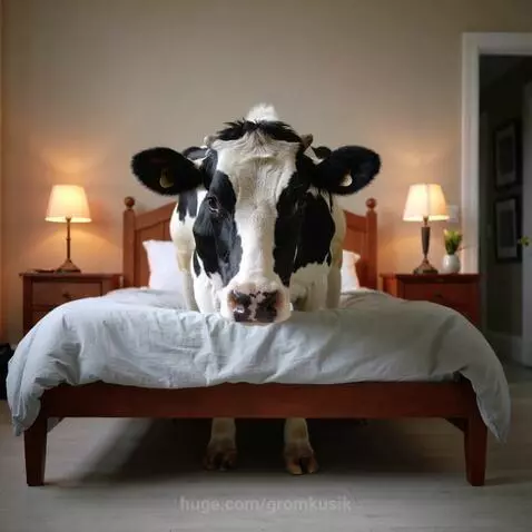 A black and white Holstein cow peeking over a wooden bed frame in a well-lit bedroom.