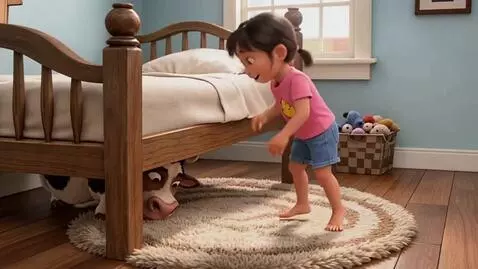 Animated girl with pigtails kneeling by a bed, looking surprised as a cow peeks out from underneath.