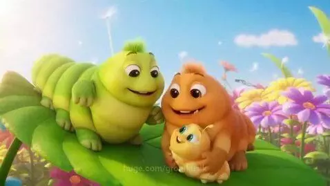 Three cartoon caterpillars, two adults and one baby, on a green leaf laughing together in a garden.