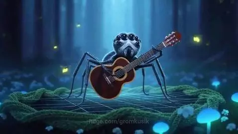 Animated spider with multiple eyes playing guitar and singing on a web in a dark forest with glowing mushrooms.