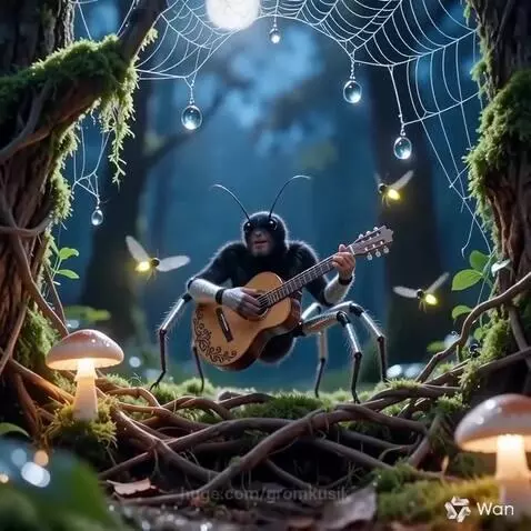 Anthropomorphic black spider with silver arm coverings playing a classical guitar in a mossy forest with glowing mushrooms and fireflies.
