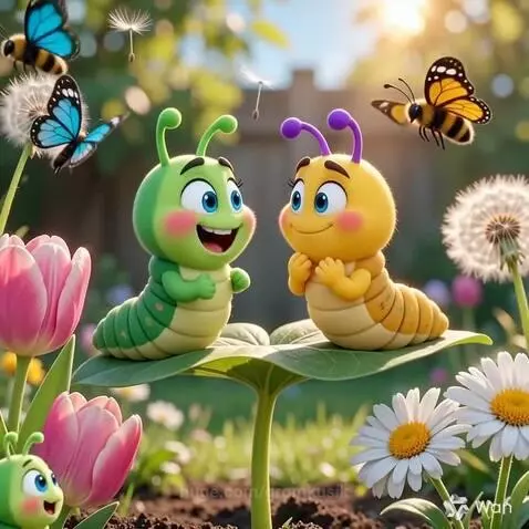 Two adult caterpillars and a baby caterpillar hugging and laughing on a green leaf in a colorful garden.