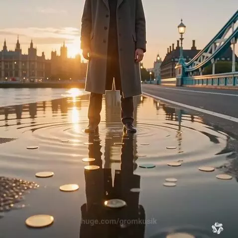 Man standing in puddle reflecting Big Ben and sunset on a London bridge with scattered coins.